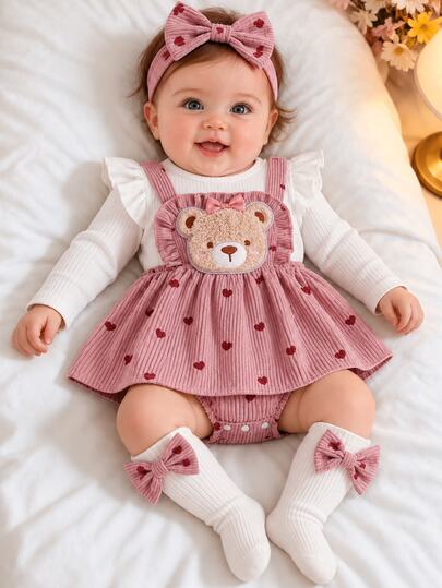 Infant Girls Sweet Cute 3D Bear Flutter Sleeve Long Sleeve Romper And Bow Leg Warmers Set, Autumn/Winter Outing Outfit, Holiday Party Wear