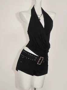 SHEIN ICON Asymmetrical Hem Draped Neck Women's Tank Top,Rave Top - Black - View 6