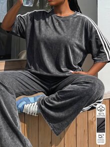 Muchica 2pcs/Set Plus Size Women Casual Traditional Grey Short Sleeve T-Shirt And Pants Set Back-To-School Vacation Gym Summer Office Formal Holiday - Dark Grey - View 5