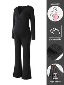 GentleRue Maternity Maternity Minimalist Daily Pleated Long Sleeve Jumpsuit - Black - View 4
