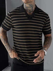 SLATEMANN Men's Summer Casual Streetwear Striped Polo Shirt , Holiday Going Out Old Money, Goth - Black - View 5