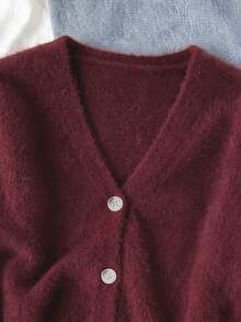 SHEIN Tween Girl Solid Color V-Neck Long Sleeve Cardigan, Suitable For Family Time, Attending Parties, Outdoor Activities - Burgundy - View 5