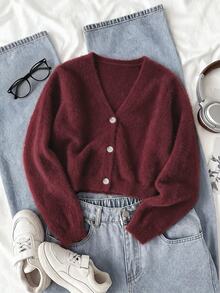 SHEIN Tween Girl Solid Color V-Neck Long Sleeve Cardigan, Suitable For Family Time, Attending Parties, Outdoor Activities - Burgundy - View 1