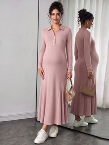 SHEIN Đầm bầu màu trơn phong cách thường ngày đi tiệc - Bụi hồng - Xem 3