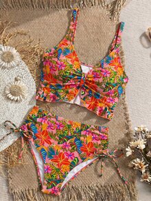 Swim Vcay Women's Beach Holiday Ruffle Hem Drawstring Sexy Leopard Print Camisole Bikini Top - Multicolor - View 4