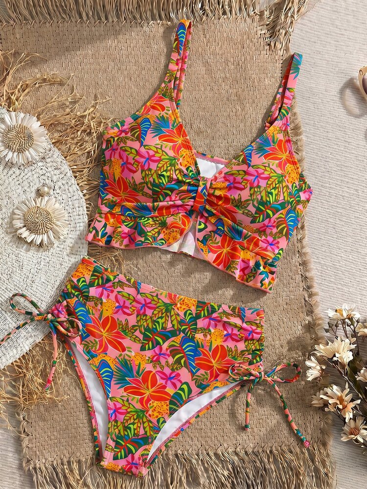 Swim Vcay Women's Beach Holiday Ruffle Hem Drawstring Sexy Leopard Print Camisole Bikini Top - Multicolor - View 4
