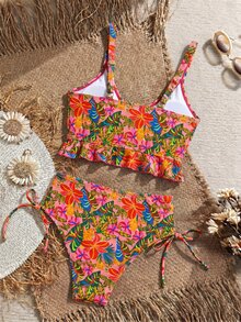 Swim Vcay Women's Beach Holiday Ruffle Hem Drawstring Sexy Leopard Print Camisole Bikini Top - Multicolor - View 2