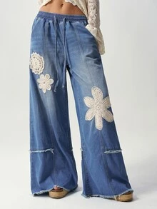 Bohemela Embroidery Floral Pattern Drawstring Waist Raw Cut Wide Leg Jeans Vacation Blue And White Autumn Casual Boho - Blue - View 8