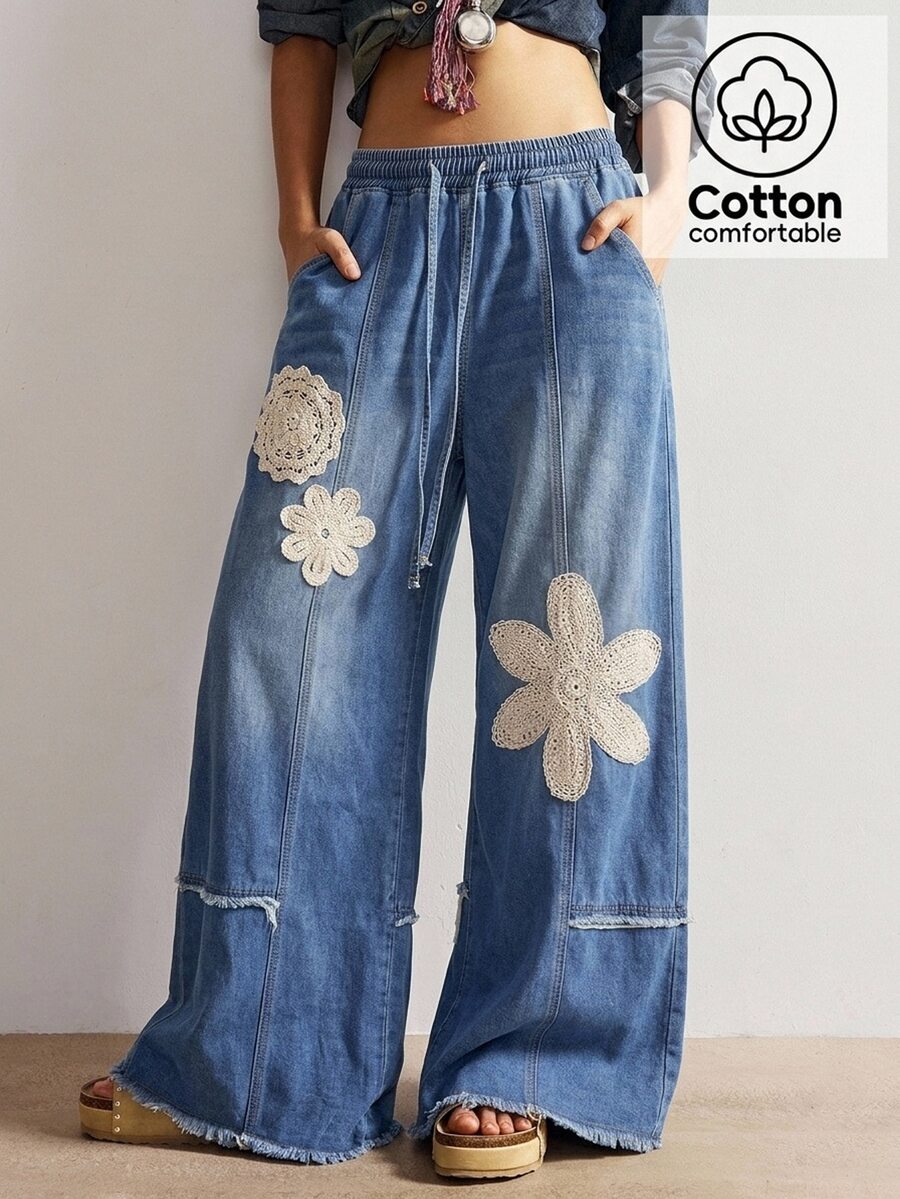 Bohemela Embroidery Floral Pattern Drawstring Waist Raw Cut Wide Leg Jeans Vacation Blue And White Autumn Casual Boho - Blue - View 1