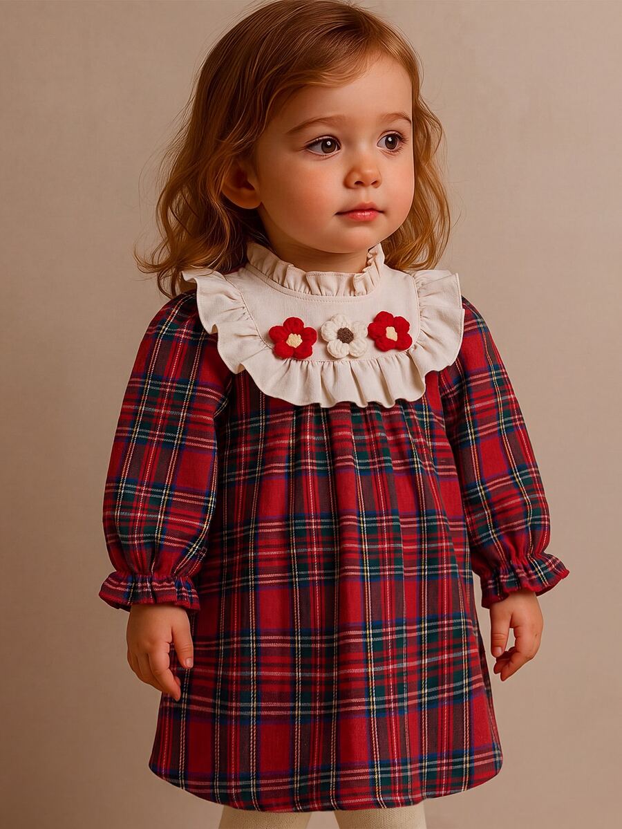 SHEIN Infant Girl Academy Style Cute Colorblock Floral Ruffle Hem Red Plaid Long Sleeve Dress - Red - View 1
