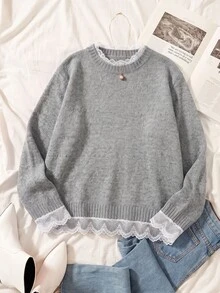 Solflare New Fall/Winter Plus Size Soft Fitted Gray Marl Long Sleeve Pullover Sweater With Delicate Lace Collar & Cuffs For Home, Work, Outings, Dates & School - Multicolor - View 8