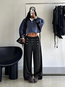 Muchica Sweatpants With Napoleon Button Design, Urban Renaissance Street Style, Casual Fashion, Creative Personalized Streetwear - Black - View 6