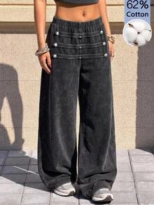 Muchica Sweatpants With Napoleon Button Design, Urban Renaissance Street Style, Casual Fashion, Creative Personalized Streetwear - Black - View 1