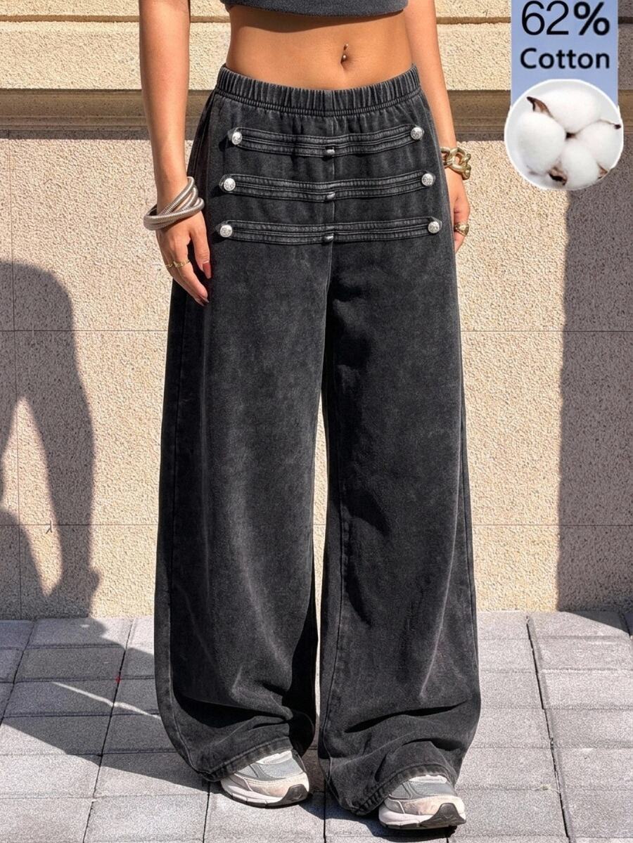 Muchica Sweatpants With Napoleon Button Design, Urban Renaissance Street Style, Casual Fashion, Creative Personalized Streetwear - Black - View 1