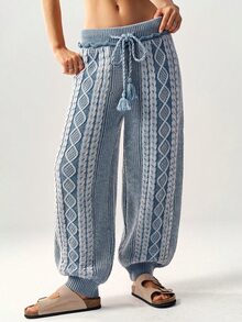 Bohemela Women's Fashion Drawstring Waist Textured Knit Tapered Pants - Blue and White - View 3