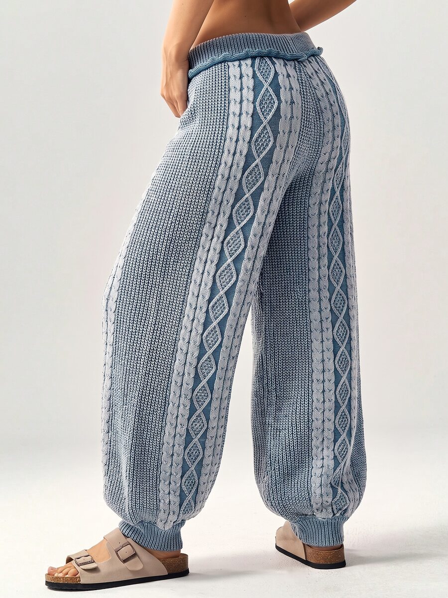 Bohemela Women's Fashion Drawstring Waist Textured Knit Tapered Pants - Blue and White - View 1
