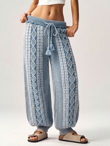 Bohemela Women's Fashion Drawstring Waist Textured Knit Tapered Pants - Blue and White - View 7