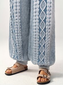 Bohemela Women's Fashion Drawstring Waist Textured Knit Tapered Pants - Blue and White - View 4