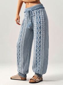 Bohemela Women's Fashion Drawstring Waist Textured Knit Tapered Pants - Blue and White - View 2