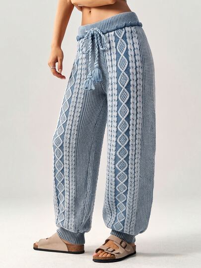 Bohemela Calça Feminina de Moda com Cintura com Cordão, Malha Texturizada e Corte Afunilado