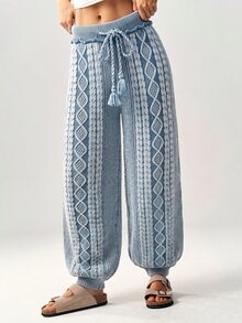 Bohemela Women's Fashion Drawstring Waist Textured Knit Tapered Pants - Blue and White - View 6