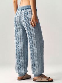 Bohemela Women's Fashion Drawstring Waist Textured Knit Tapered Pants - Blue and White - View 8