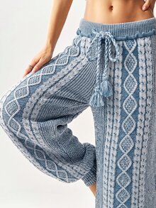 Bohemela Women's Fashion Drawstring Waist Textured Knit Tapered Pants - Blue and White - View 5