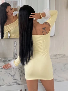 Fiercella Fiercella Women's Solid Color Ruched Fitted Asymmetrical Shoulder Design Mini Dress Going Out Date Night Pale Yellow Fall Sexy - Yellow - View 2