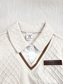 SHEIN 嬰兒男寶寶可愛休閒學院風 2 合 1 領口衛衣與秋冬長褲套裝 - 白色 - 查看 8