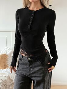 SHEIN EZwear Black Knitted Fitted Lace Trim T-Shirt - Black - View 3