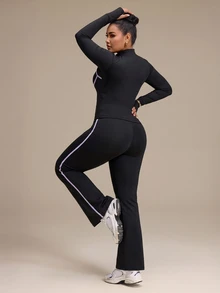 SHEIN Rhythm Era طقم رياضي كاجوال يومي للنساء بمقاسات كبيرة، ملابس علوية بأكمام طويلة وبنطال بتصميم كتل لونية - الأسود - مشاهدة 2