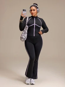 SHEIN Rhythm Era طقم رياضي كاجوال يومي للنساء بمقاسات كبيرة، ملابس علوية بأكمام طويلة وبنطال بتصميم كتل لونية - الأسود - مشاهدة 4