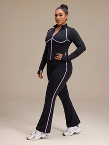 SHEIN Rhythm Era طقم رياضي كاجوال يومي للنساء بمقاسات كبيرة، ملابس علوية بأكمام طويلة وبنطال بتصميم كتل لونية - الأسود - مشاهدة 6
