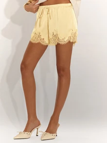 SHEIN BAE Women's Summer Solid Color Lace Patchwork Waist Tie Asymmetrical Hem Shorts - Yellow - View 5