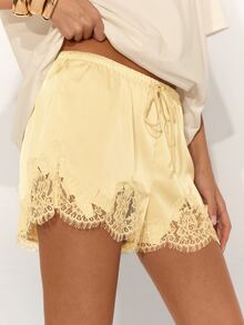 SHEIN BAE Women's Summer Solid Color Lace Patchwork Waist Tie Asymmetrical Hem Shorts - Yellow - View 6