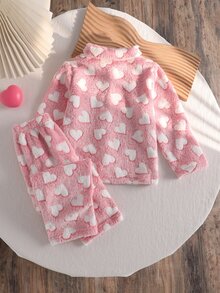 Girls Pink Fleece Bow & Heart Pattern Lapel Front Closure Long Sleeve Long Pants Pajama Set - Pink - View 2