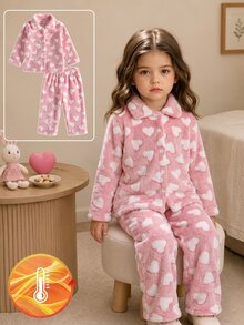 Girls Pink Fleece Bow & Heart Pattern Lapel Front Closure Long Sleeve Long Pants Pajama Set - Pink - View 7