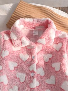 Girls Pink Fleece Bow & Heart Pattern Lapel Front Closure Long Sleeve Long Pants Pajama Set - Pink - View 8