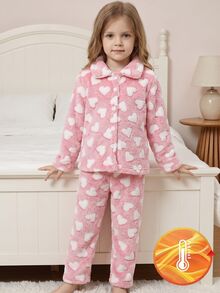 Girls Pink Fleece Bow & Heart Pattern Lapel Front Closure Long Sleeve Long Pants Pajama Set - Pink - View 9