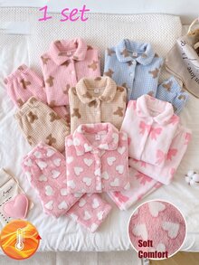 Girls Pink Fleece Bow & Heart Pattern Lapel Front Closure Long Sleeve Long Pants Pajama Set - Pink - View 3