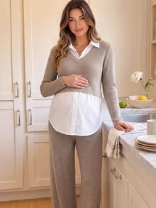 GentleRue Maternity طقم حمل خريف/شتاء بسيط ومريح من الصوف المضلع الناعم 2 في 1، ملابس علوية بياقة محبوكة وأكمام طويلة وبنطلون واسع الساق، طقم من قطعتين للارتداء اليومي والتنقل - متعدد الألوان - مشاهدة 2