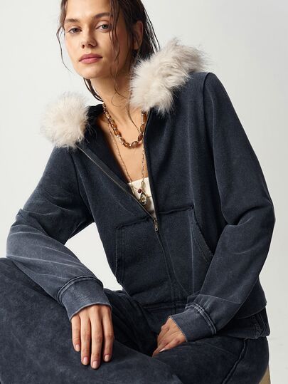 Bohemela Women's Patchwork Fur Collar Long Sleeve Zipper Front Hooded Jacket