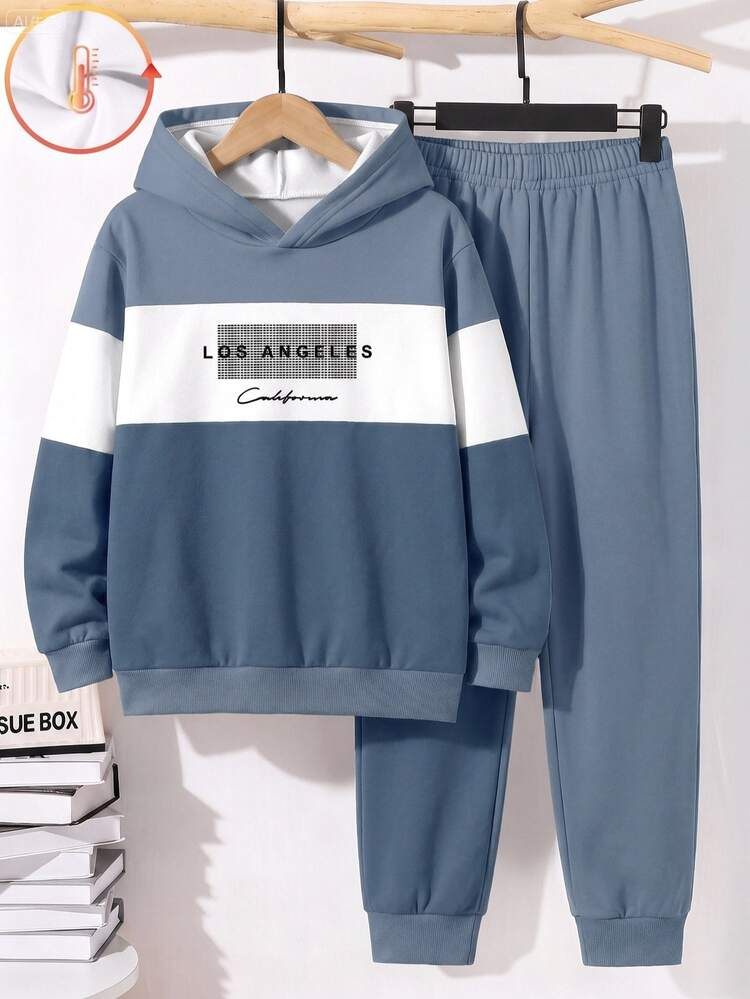 Tween Boy Casual Minimalist Long Sleeve Hooded Comfortable Sweatshirt 2 Pieces Set, Suitable For Autumn/Winter, Classic Retro Casual Color Block Patchwork Pattern Print, Cool Classic Text Pattern Print, Suitable For Campus - Multicolor - View 5
