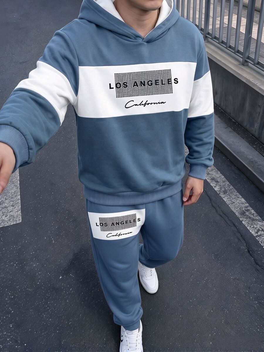 Tween Boy Casual Minimalist Long Sleeve Hooded Comfortable Sweatshirt 2 Pieces Set, Suitable For Autumn/Winter, Classic Retro Casual Color Block Patchwork Pattern Print, Cool Classic Text Pattern Print, Suitable For Campus - Multicolor - View 1