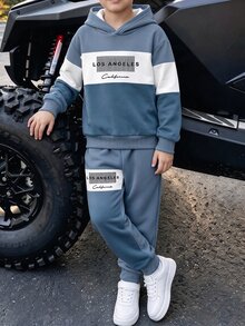 青少年男孩休閒極簡長袖連帽舒適衛衣2件套，適合秋冬，經典復古休閒配色拼接圖案印花，酷感經典文字圖案印花，適合校園穿搭 - 彩色 - 查看 3