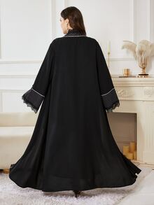 Al Najma Women's Elegant Minimalist Polka Dot Lace Trim Loose Fit Fashion Plus Size Abaya - Black - View 2