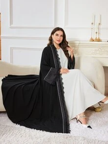 Al Najma Women's Elegant Minimalist Polka Dot Lace Trim Loose Fit Fashion Plus Size Abaya - Black - View 5