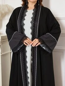Al Najma Women's Elegant Minimalist Polka Dot Lace Trim Loose Fit Fashion Plus Size Abaya - Black - View 3