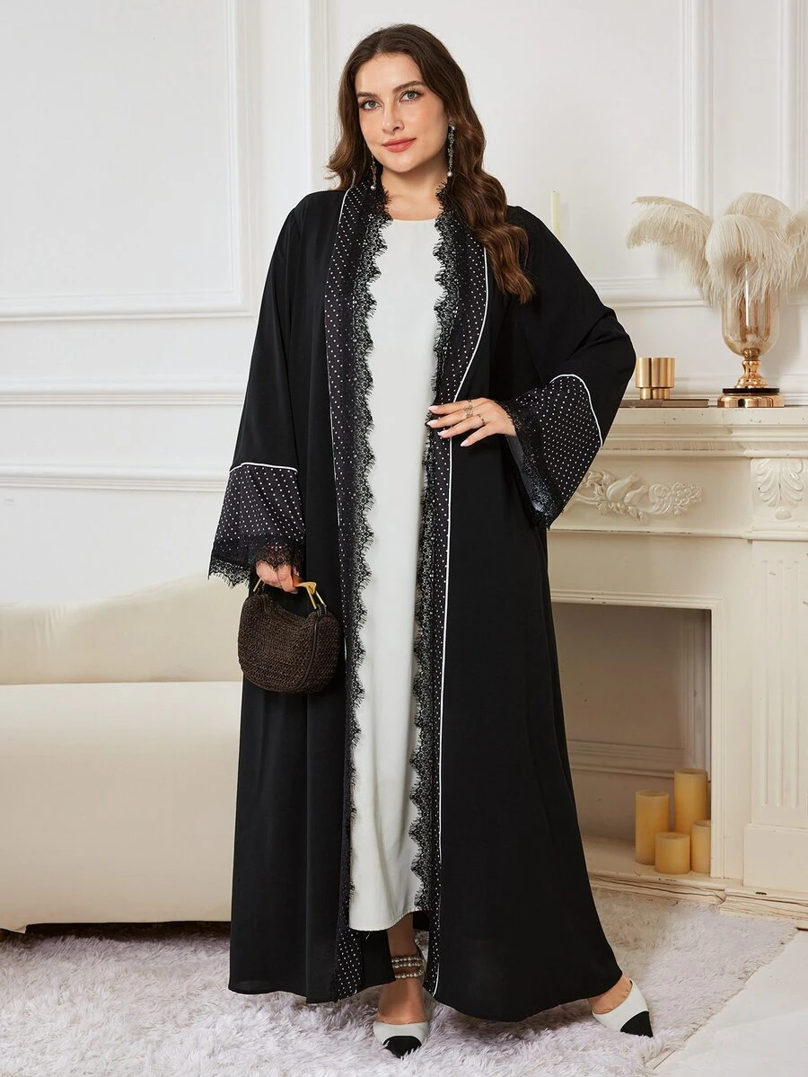 Al Najma Women's Elegant Minimalist Polka Dot Lace Trim Loose Fit Fashion Plus Size Abaya - Black - View 1