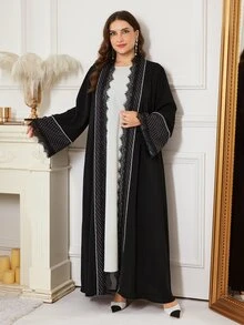 Al Najma Women's Elegant Minimalist Polka Dot Lace Trim Loose Fit Fashion Plus Size Abaya - Black - View 6